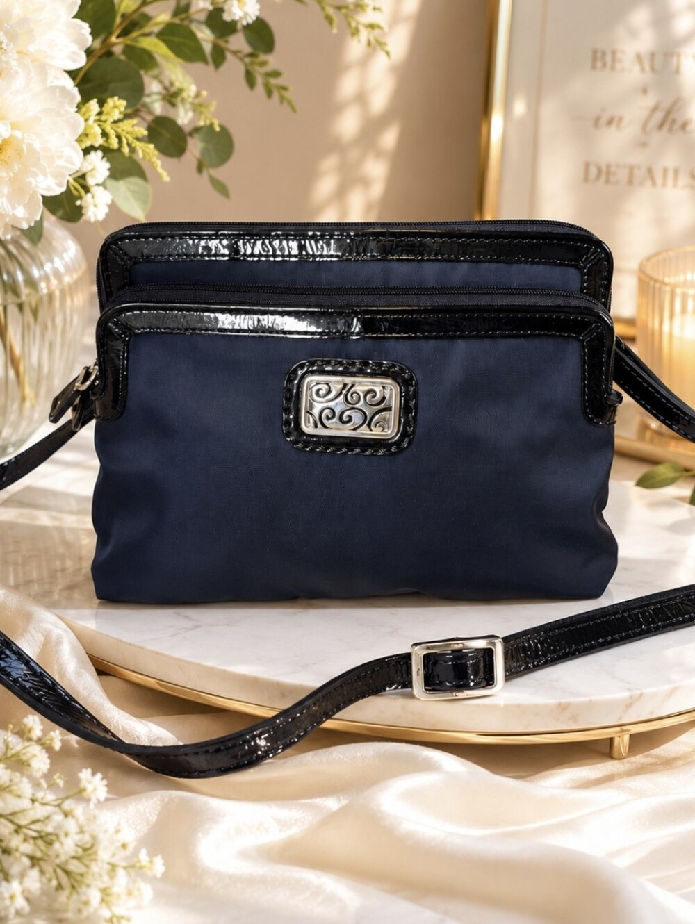 Brighton Twister Squared Baldwin Crossbody Bag Navy Patent Trim Organizer Purse